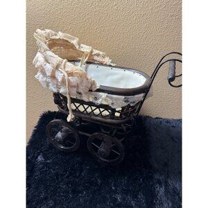 Vintage Victorian Style Baby Doll Carriage With Lace Canopy Metal Frame & Fabric